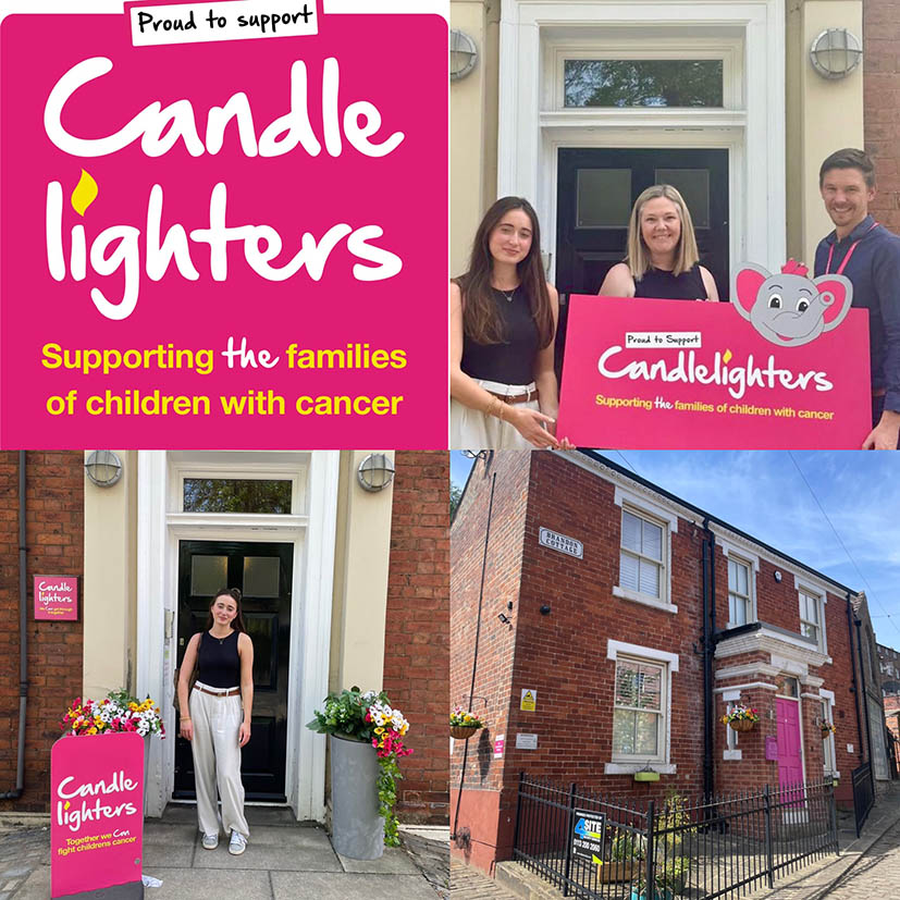 2 women and a man standing in front of a black front door holding a pink sign with the Candlelighters trust logo on